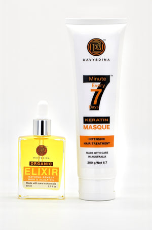 Organic Elixir and Keratin Masque Ultimate Bundle.  This deep conditioning hair oil repairs, strengthens and hydrates all hair type while growing long hair start from healthy scalp. "7 Minute Every 7 Days" it smoothen and soften the hair making look glossy in appearance and more manageable.