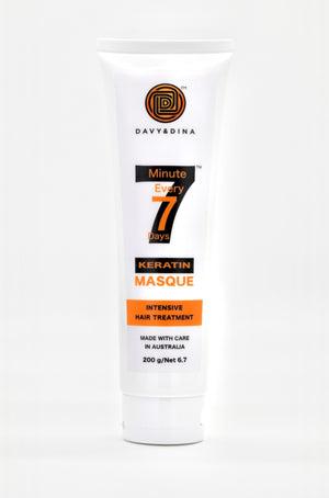 7 Minute Every 7 Days KERATIN MASQUE INTENSIVE HAIR TREATMENT. Made from Organic Natural Ingredient with Keratin Infused and Vitamin B5. Keratin Masque treatment design from professional hairdresser. "7 Minute Every 7 Days" it smoothen and soften the hair. Making hair look glossy in appearance and more manageable. PACKAGING TUBE 100% RECYCLABLE , BPA FREE, HAND MADE, NATURAL ORGANIC CARRIER OIL, NOT TESTED ON ANIMAL and MADE WITH CARE IN AUSTRALIA.